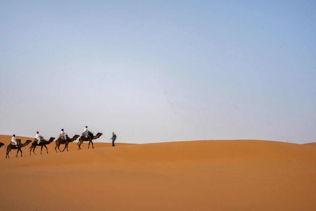A group of people riding camels across a desert