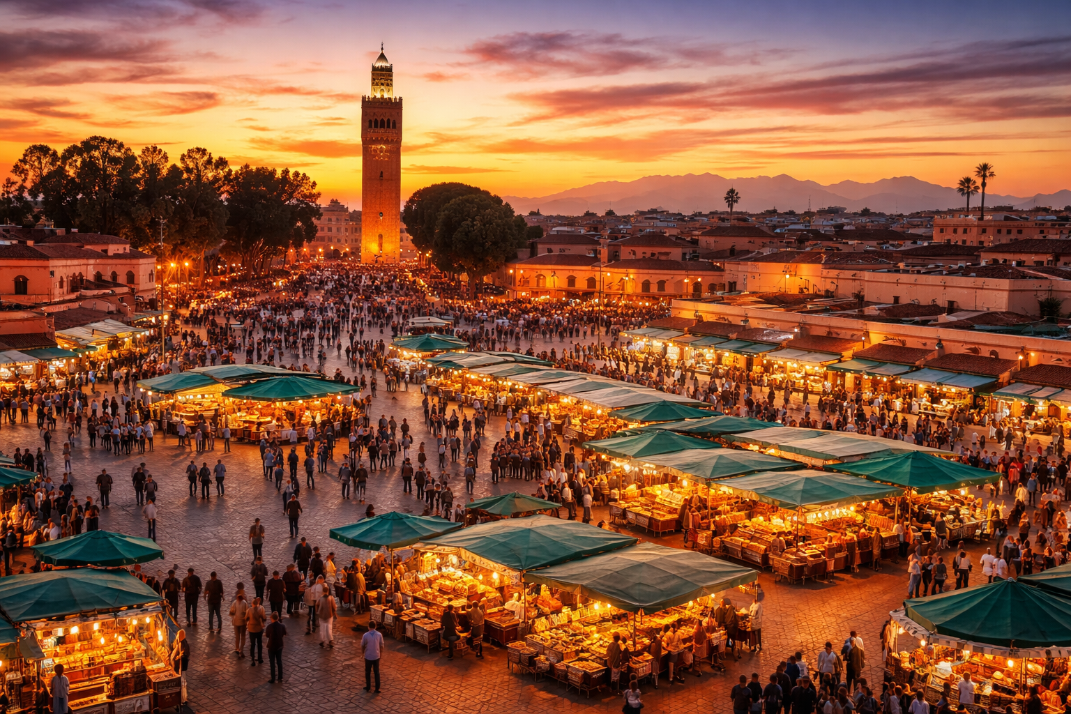 Morocco travel itinerary view of Jemaa el-Fnaa square in Marrakech at sunset