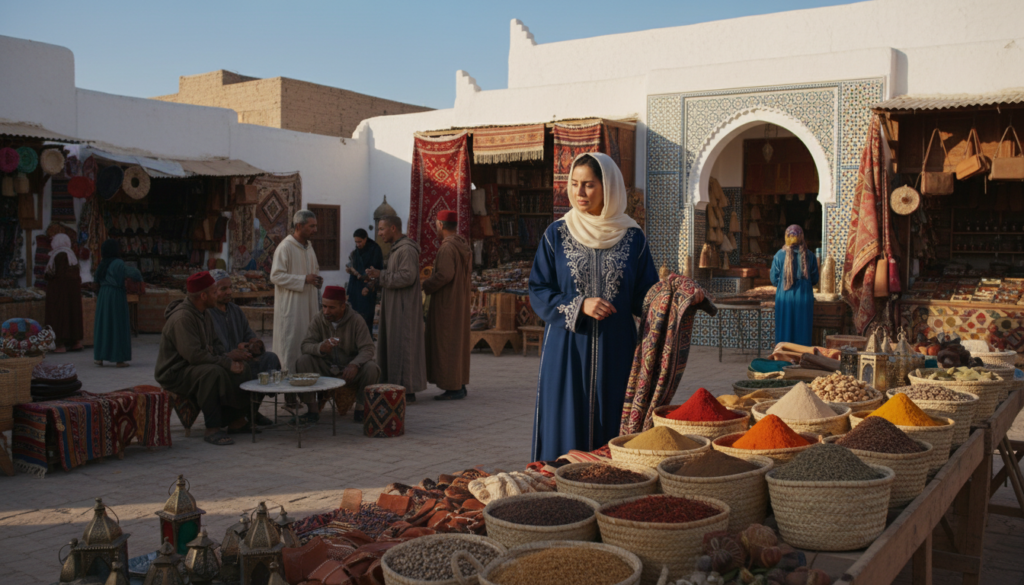 A serene Moroccan marketplace setting, featuring a modestly dressed woman wearing traditional attire, such as a flowing caftan and a headscarf, browsing vibrant textiles and spices. In the foreground, colorful woven baskets filled with spices and handicrafts create an inviting atmosphere. In the middle ground, bustling locals engage in conversation, showcasing the rich cultural interactions of Morocco. The background reveals traditional Moroccan architecture, with ornate tilework and archways under a clear blue sky, suggesting a warm, sunny day. Soft, natural lighting enhances the colors, casting gentle shadows that add depth to the scene. The overall mood is peaceful and respectful, embodying the essence of cultural etiquette and modest dressing for women travelers in Morocco.