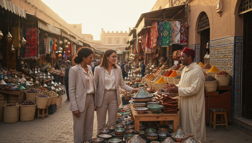 A serene scene depicting a Moroccan street market, with a focus on two women in modest, professional attire exploring the vibrant environment. In the foreground, one woman is examining intricately designed pottery, while the other discusses with a local artisan adorned in traditional Moroccan garments. The middle ground features colorful market stalls, overflowing with spices, textiles, and handmade crafts. The background showcases the iconic Moroccan architecture, with arched doorways and vibrant tile work. Soft, warm sunlight filters through the stalls, creating a welcoming and lively atmosphere. The lens captures the moment from a slight angle, giving depth to the bustling market life while ensuring the focus remains on the women and their interaction with the culture. The overall mood is one of curiosity and empowerment in a safe, engaging setting.
