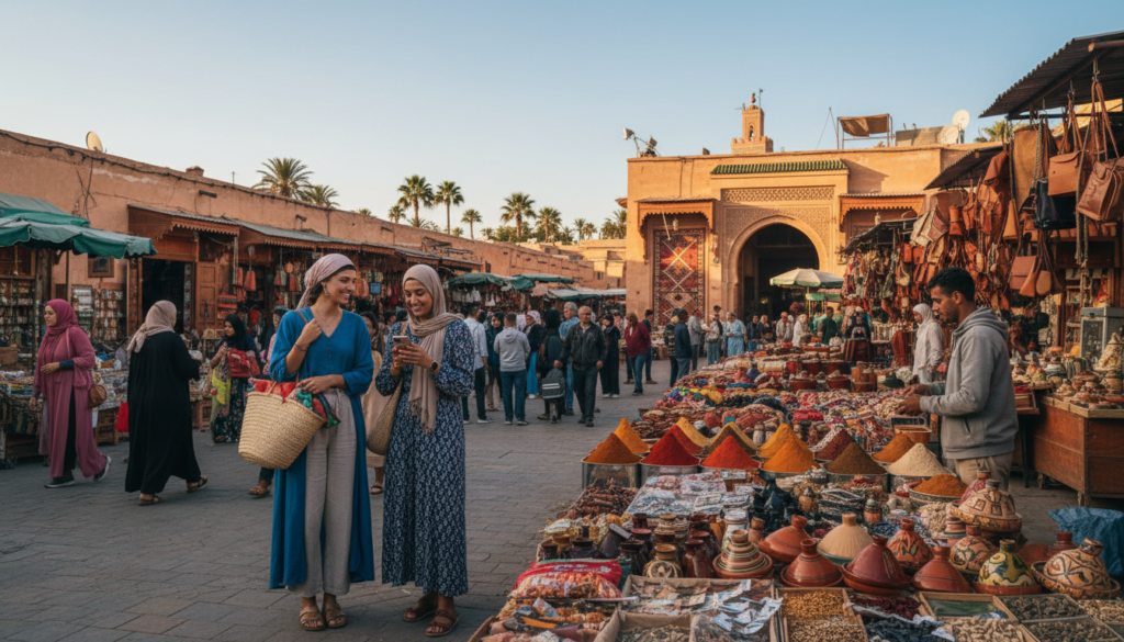 A vibrant urban scene in Morocco showcasing women's safety, with focus on two women navigating a bustling market. In the foreground, the women, dressed in modest casual clothing, confidently engage with vendors. One holds a shopping bag while the other checks her phone, both exuding a sense of empowerment. The middle ground features colorful market stalls filled with traditional Moroccan goods, creating a lively atmosphere. In the background, the architecture reflects Moroccan design, with ornate tiles and archways under a clear blue sky. Soft, natural lighting enhances the scene, capturing a warm, inviting mood. The lens angle is slightly elevated, offering a dynamic perspective that highlights both the women and their surroundings, emphasizing the importance of navigating public spaces safely and comfortably.